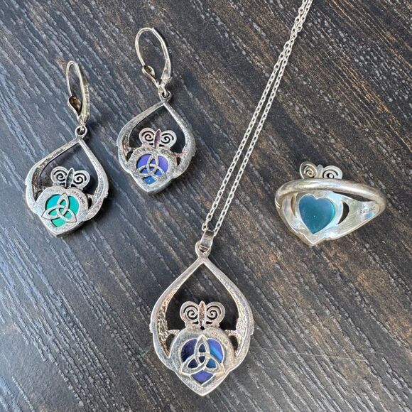 Claddagh Druzy Set: Necklace Ring & Earrings, Sea Green Drusy, JMH Ireland - Picture 8 of 17